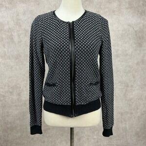 The Limited Black‎ White Geometric Pattern Faux Leather Trim Zip Up Cardigan XS